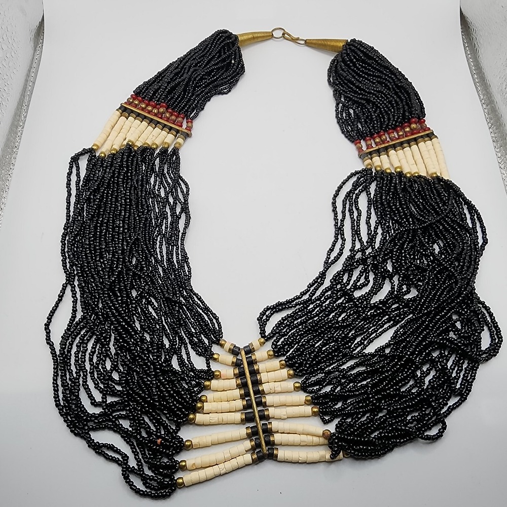 Vintage Boho Tribal Ethnic Black Glass Seed Bead Waterfall Layered Bib Necklace - Picture 16 of 16